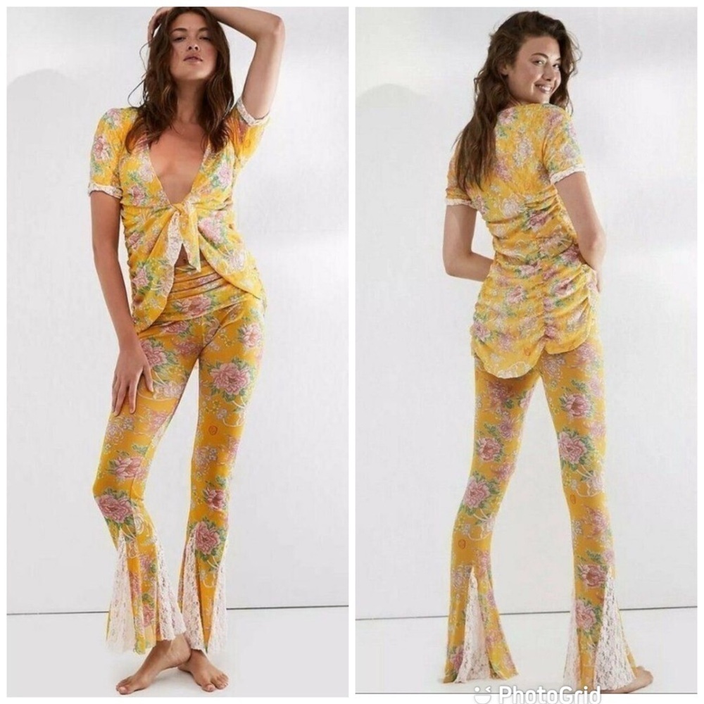 FREE PEOPLE X HOT AS HELL HAH ALL TIED UP SET FLARE PANT & TOP MARIGOLD Small